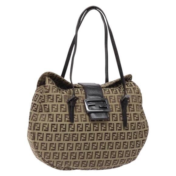 FENDI Zucchino Canvas Mamma Baguette Shoulder Bag Beige Silver - Picture 1 of 13